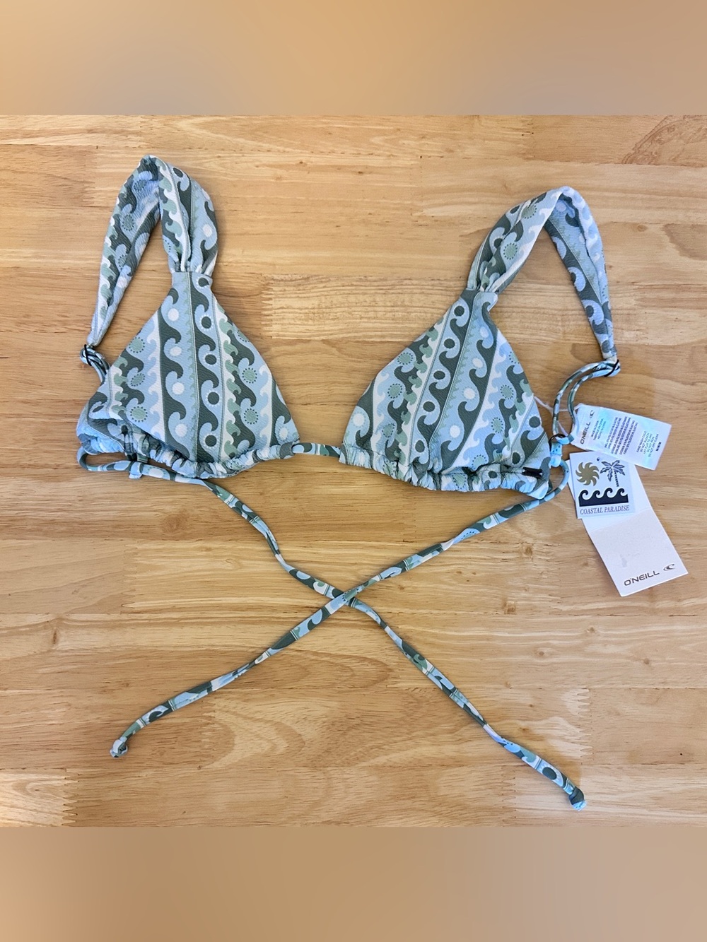 O'Neill Green and White Wave-Print Triangle Bikini Top